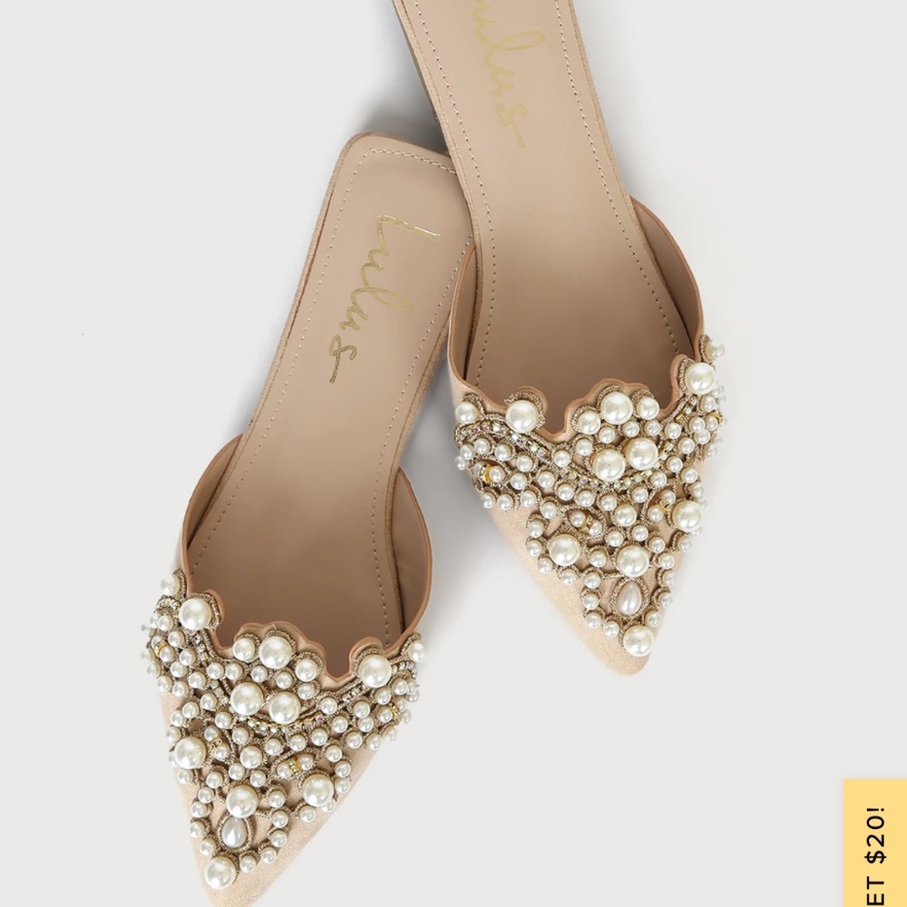Flora beige suede pearl embroidered wedding flat